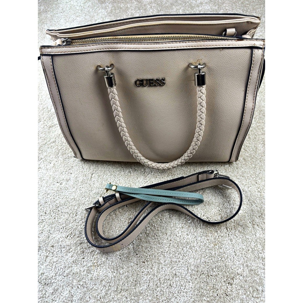 GUESS Beige Faux Leather Satchel Top Handle Zip Bag w/ Detachable Strap